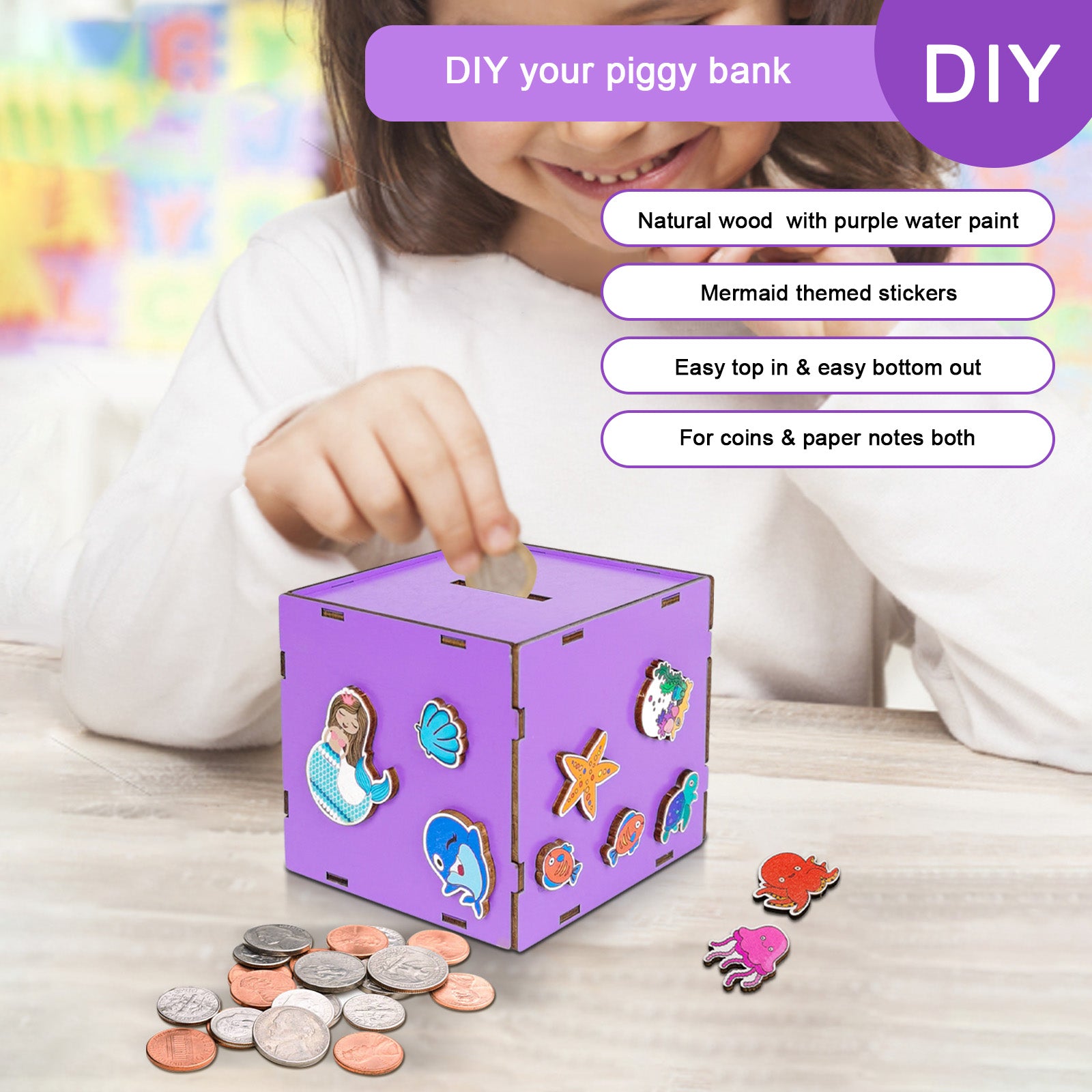 Wulijuan-Wooden Purple Piggy Bank Treasure Chest Money Coin Bank for Girls with Little Mermaid Wood Stickers