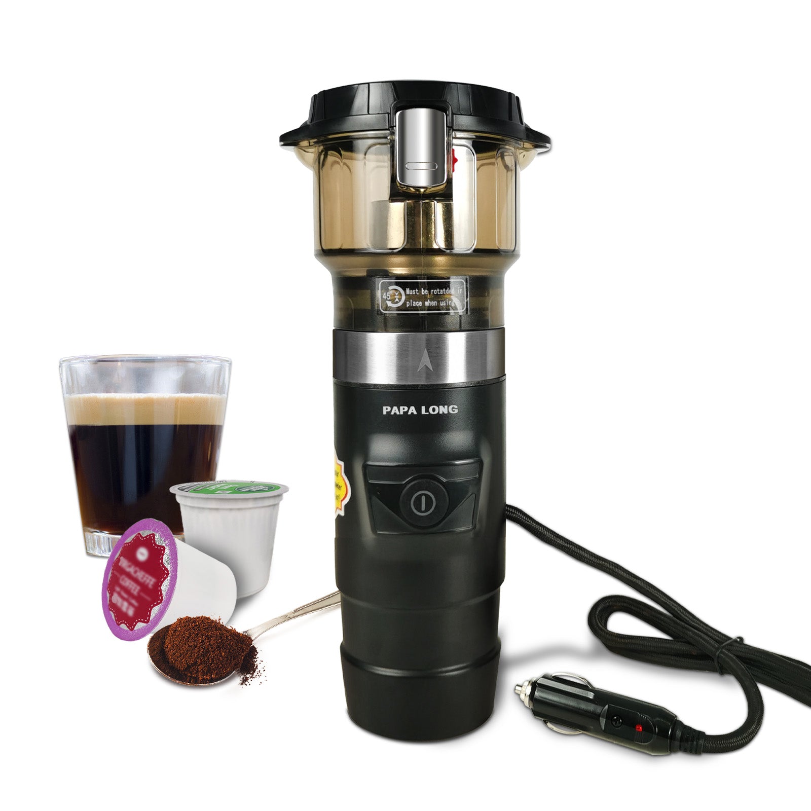 Cafetière portable pour voiture à service unique pour dosettes K et café moulu – Machine à café électrique pour voiture 141,7 g avec chargeur DC 12 V