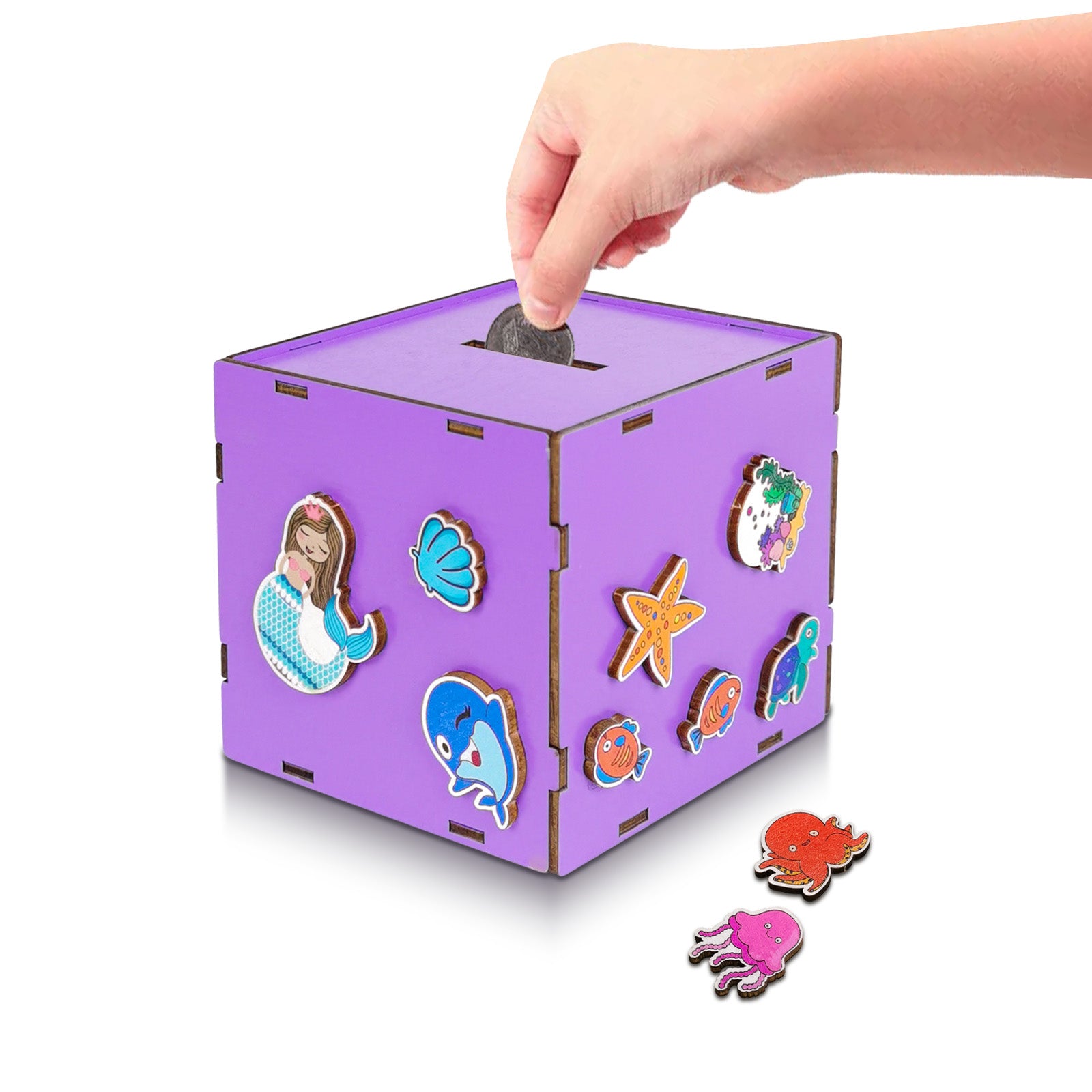 Wulijuan-Wooden Purple Piggy Bank Treasure Chest Money Coin Bank for Girls with Little Mermaid Wood Stickers