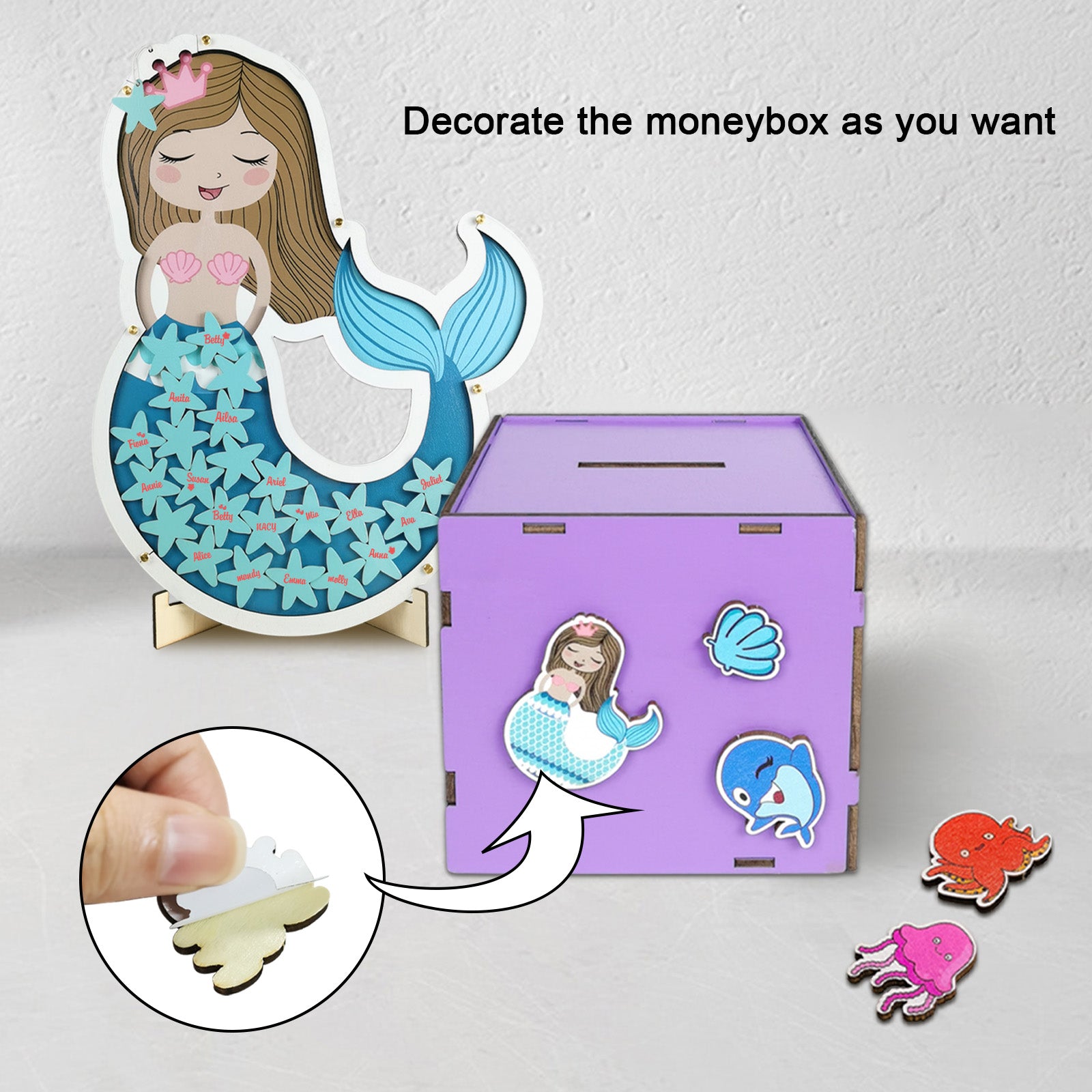 Wulijuan-Wooden Purple Piggy Bank Treasure Chest Money Coin Bank for Girls with Little Mermaid Wood Stickers