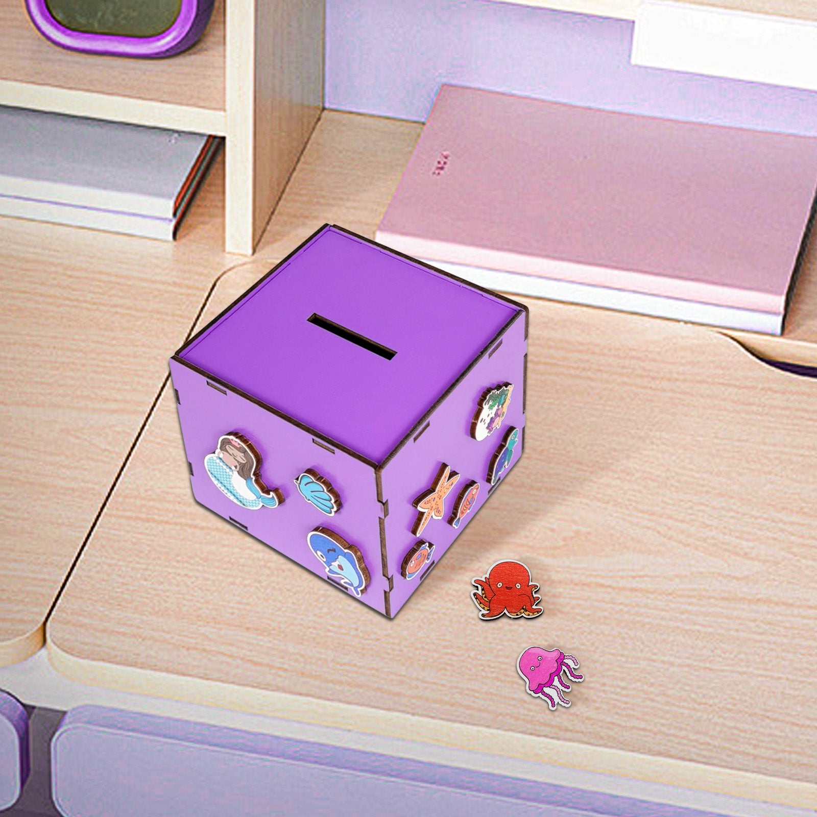 Wulijuan-Wooden Purple Piggy Bank Treasure Chest Money Coin Bank for Girls with Little Mermaid Wood Stickers