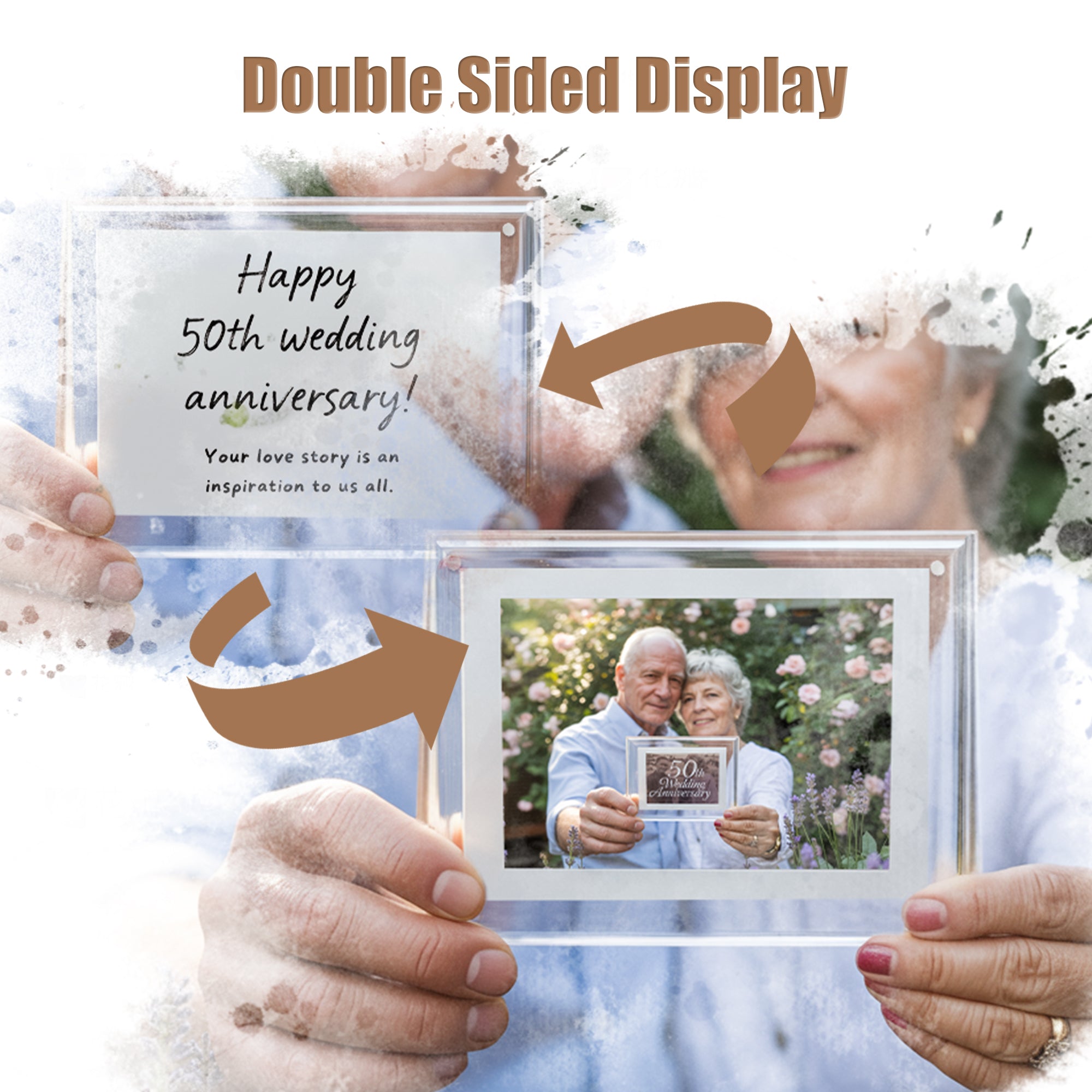 Dual sided magnetic photo frame showing a family picture and a diploma back-to-back